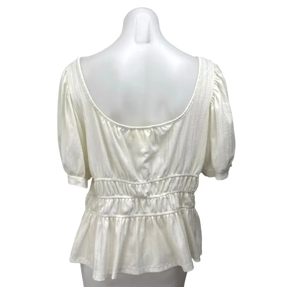 Anthropologie Maeve White Short Puff Sleeve Scoop Neck Peplum Blouse Top Size XL